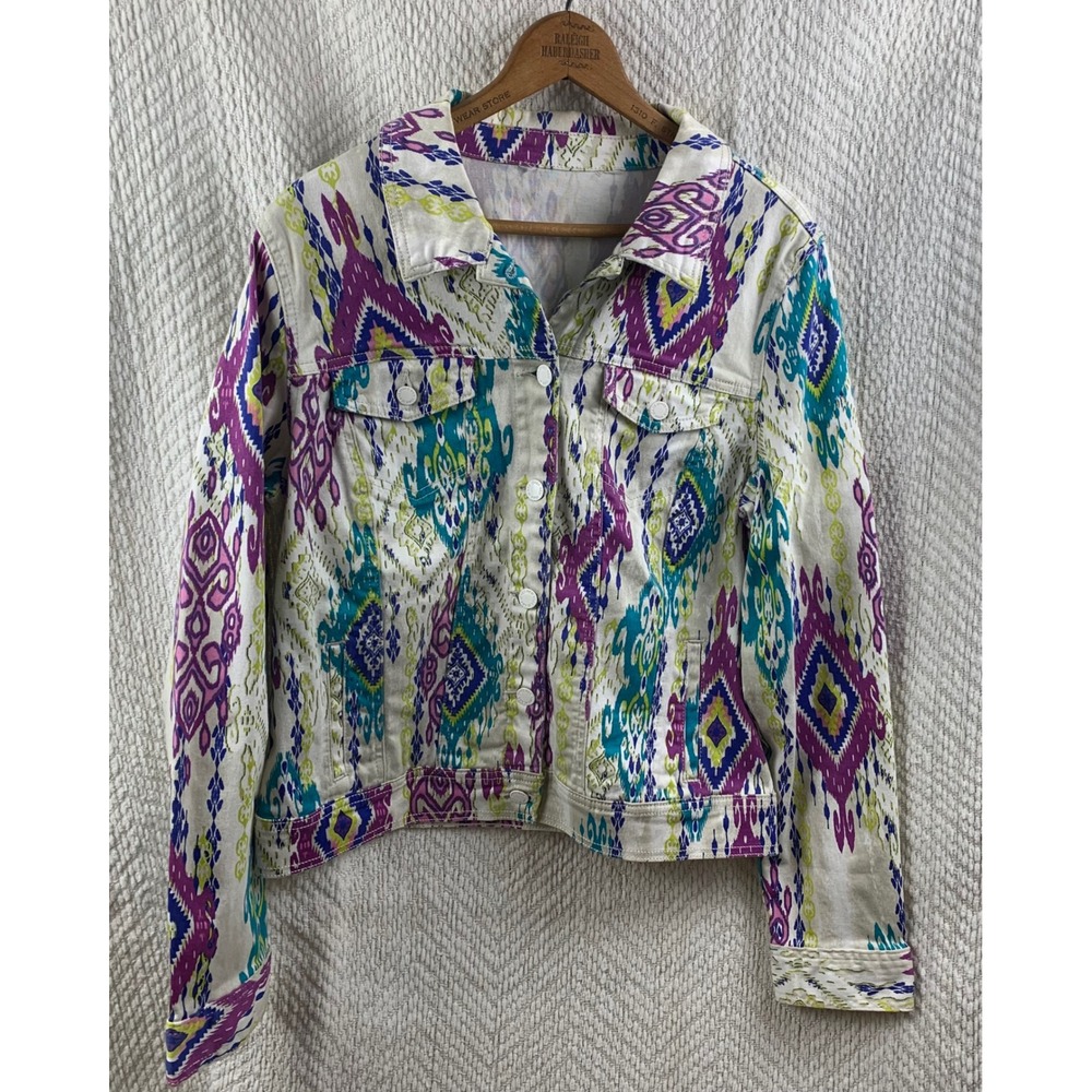 Jones New York Jeans‎ Womens M Ikat Print Denim Trucker Jacket Purple Teal Boho